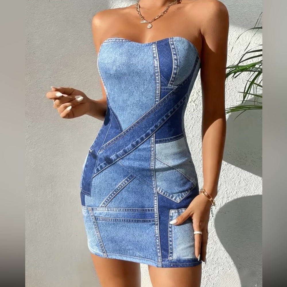 Strapless Patchwork Denim Mini Dress - Blue